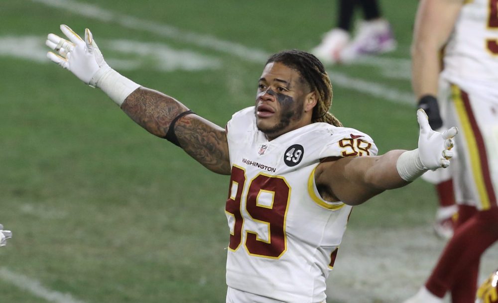 Dec 7, 2020; Pittsburgh, Pennsylvania, USA; Washington Football Team defensive end Chase Young (99) reacts after defeating the Pittsburgh Steelers at Heinz Field. Washington won 23-17.