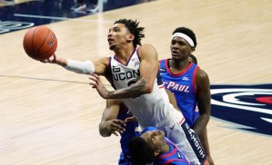 Dec 30, 2020; Storrs, Connecticut, USA; Connecticut Huskies guard James Bouknight (2) shoots against the DePaul Blue Demons in the first half at Harry A. Gampel Pavilion.