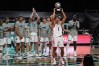 Mar 9, 2021; Las Vegas, NV, USA; Gonzaga Bulldogs guard Jalen Suggs (1) poses with the most valuable player trophy after the West Coast Conference Tournament championship game against the BYU Cougars at Orleans Arena.