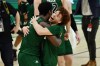 Mar 13, 2021; Cleveland, Ohio, USA; Ohio Bobcats guard Jason Preston (0) and forward Dwight Wilson III (4) celebrate after the Bobcats beat the Buffalo Bulls to win the MAC championship at Rocket Mortgage FieldHouse.