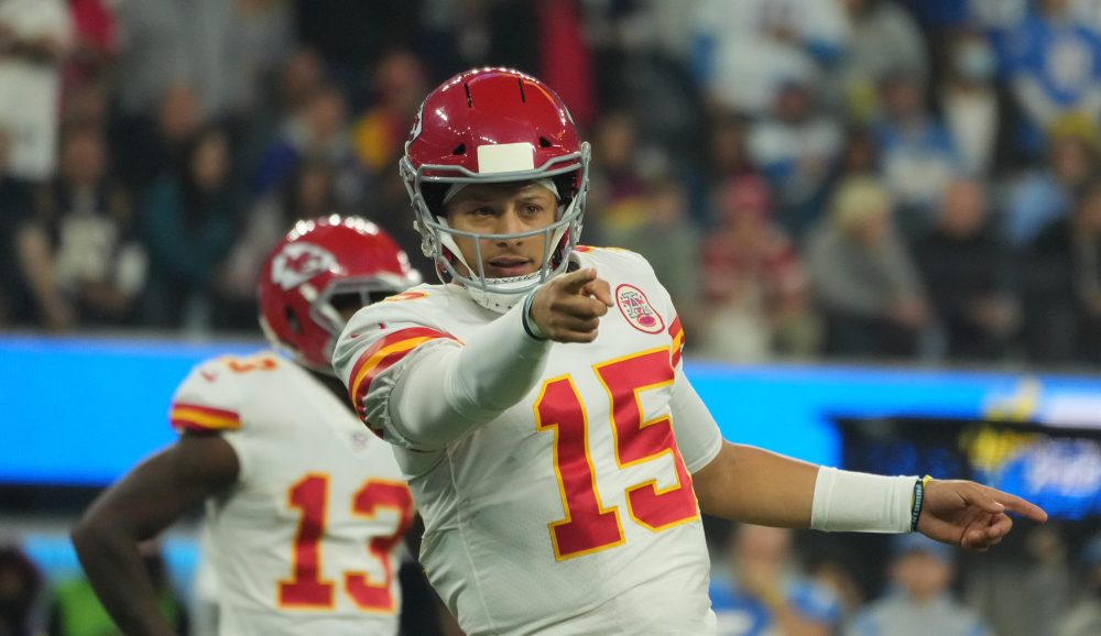 Dec 16, 2021; Inglewood, California, USA; Kansas City Chiefs quarterback Patrick Mahomes (15) gestures against the Los Angeles Chargers in the second half at SoFi Stadium.