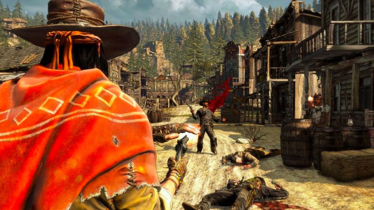 A video game cowboy picks off his last opponent outside a saloon