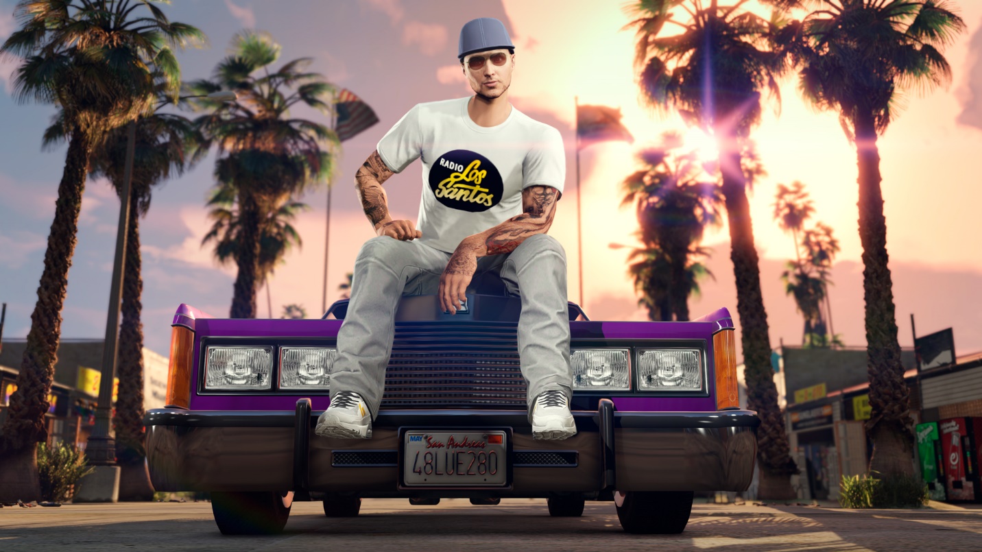 The protagonist in GTA Online sits on a car