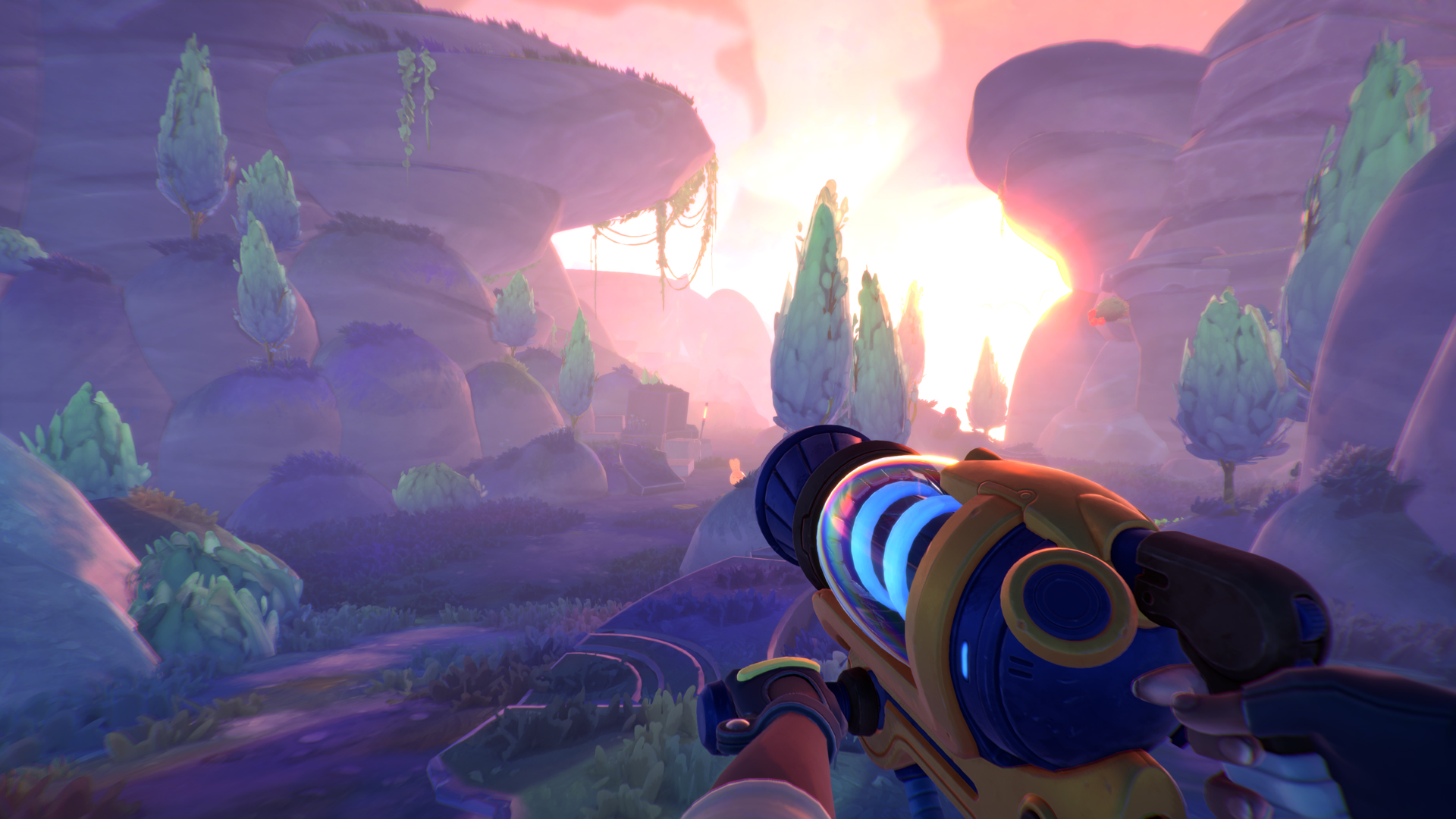 The fields at sunrise in Slime Rancher 2