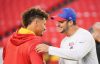 Oct 10, 2021; Kansas City, Missouri, USA; Kansas City Chiefs quarterback Patrick Mahomes (15) talks with Buffalo Bills quarterback Josh Allen (17) before warm ups at GEHA Field at Arrowhead Stadium.