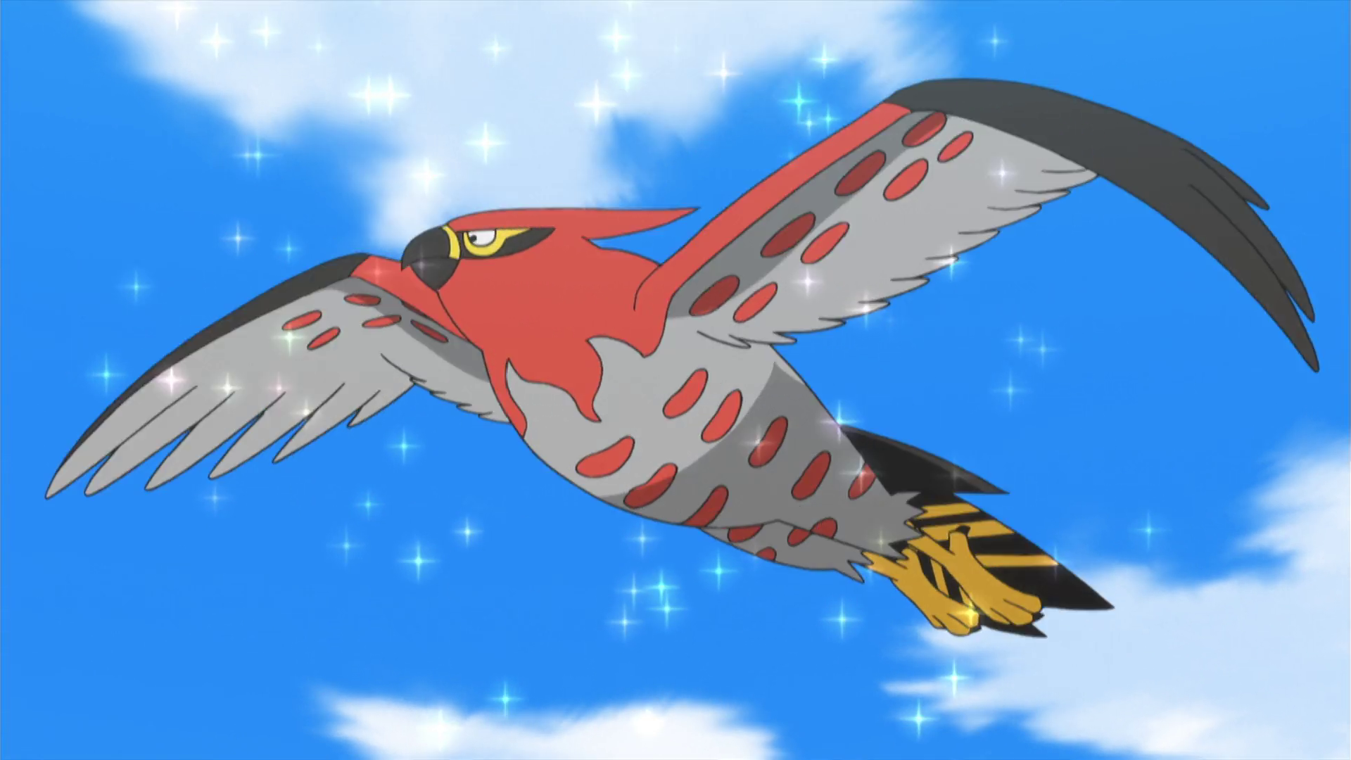 Ash's Talonflame flying in the Pokémon anime