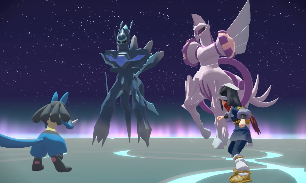 Lucario, Dialga, and Palkia battling