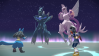 Lucario, Dialga, and Palkia battling