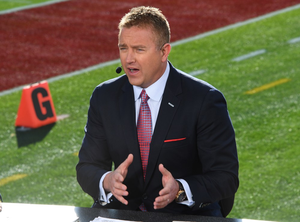 Jan 1, 2019; Pasadena, CA, USA; Kirk Herbstreit on the ESPN Championship Drive set prior to the 2019 Rose Bowl between the Washington Huskies and the Ohio State Buckeyes.