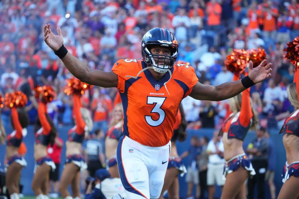 Aug 27, 2022; Denver, Colorado, USA; Denver Broncos quarterback Russell Wilson (3) prior to the start of the game against the Minnesota Vikings at Empower Field at Mile High.
