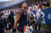 Sep 11, 2022; Chicago, Illinois, USA; Chicago Bears quarterback Justin Fields (1) celebrates after a win against the San Francisco 49ers at Soldier Field.