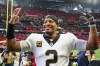 Sep 11, 2022; Atlanta, Georgia, USA; New Orleans Saints quarterback Jameis Winston (2) celebrates after a victory against the Atlanta Falcons at Mercedes-Benz Stadium.
