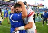 Sep 11, 2022; Nashville, Tennessee, USA; New York Giants head coach Brian Daboll celebrates with quarterback Daniel Jones (8) after a win against the Tennessee Titans at Nissan Stadium.