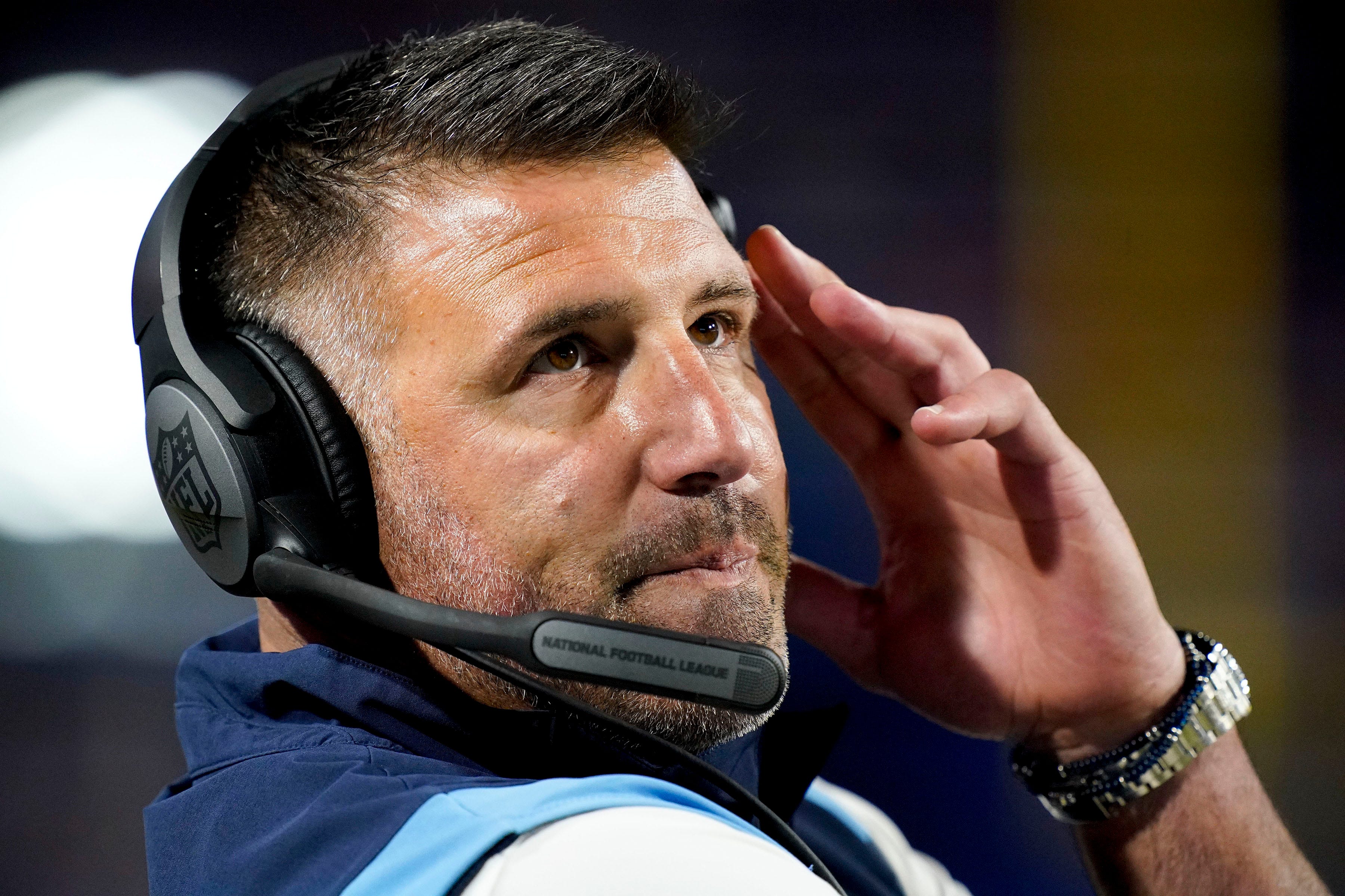 Tennessee Titans head coach Mike Vrabel reacts to a botched punt during the fourth quarter at Highmark Stadium Monday, Sept. 19, 2022, in Orchard Park, New York. Nfl Tennessee Titans At Buffalo Bills