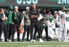 Sep 25, 2022; East Rutherford, New Jersey, USA; New York Jets head coach Robert Saleh (center, front) looks on against the Cincinnati Bengals during the second half at MetLife Stadium. 