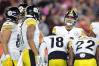 Steelers quarterback Mitch Trubisky works the huddle during the first half against the Browns, Thursday, Sept. 22, 2022, in Cleveland.