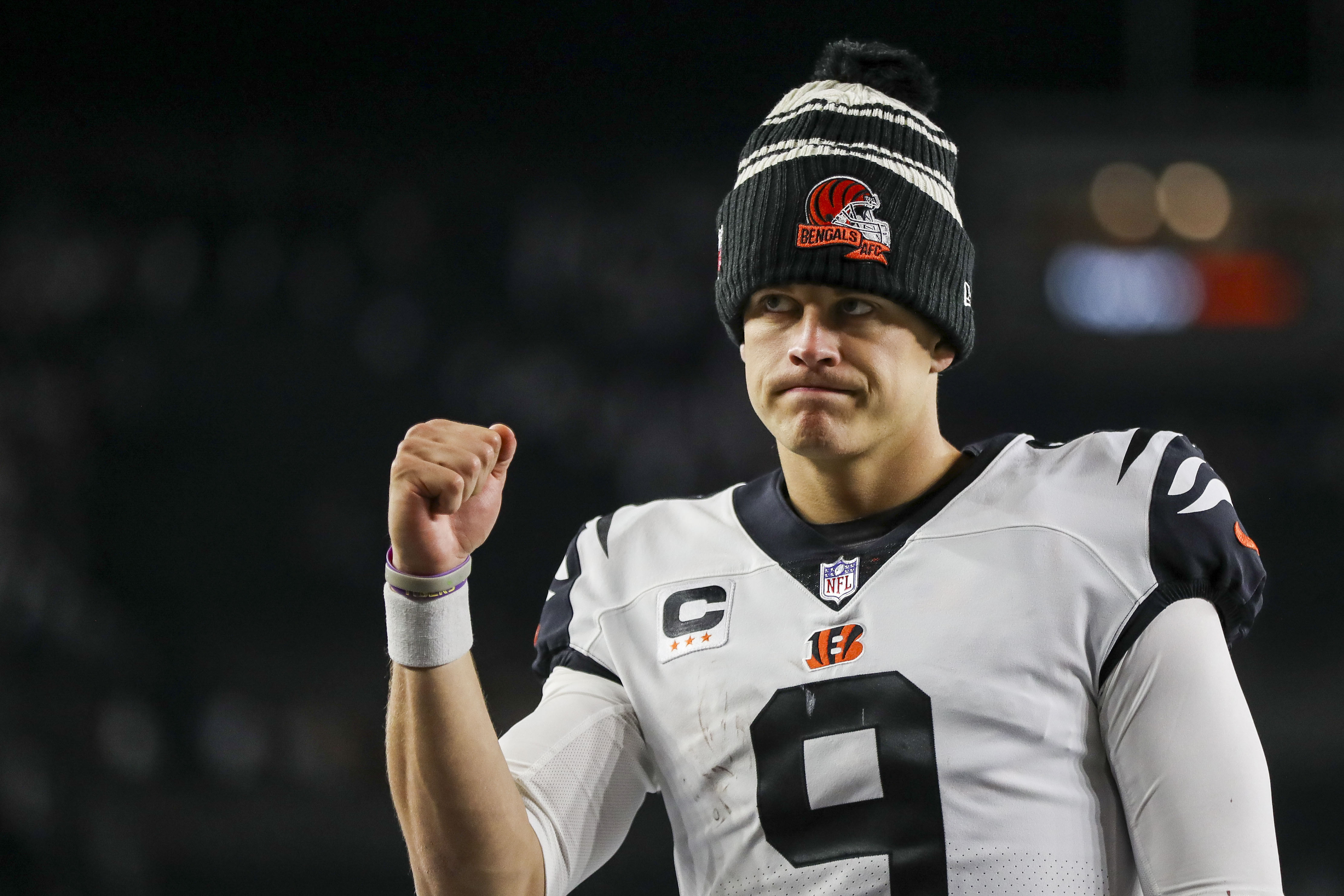 Sep 29, 2022; Cincinnati, Ohio, USA; Cincinnati Bengals quarterback Joe Burrow (9) walks off the field after their victory over the Miami Dolphins at Paycor Stadium. 
