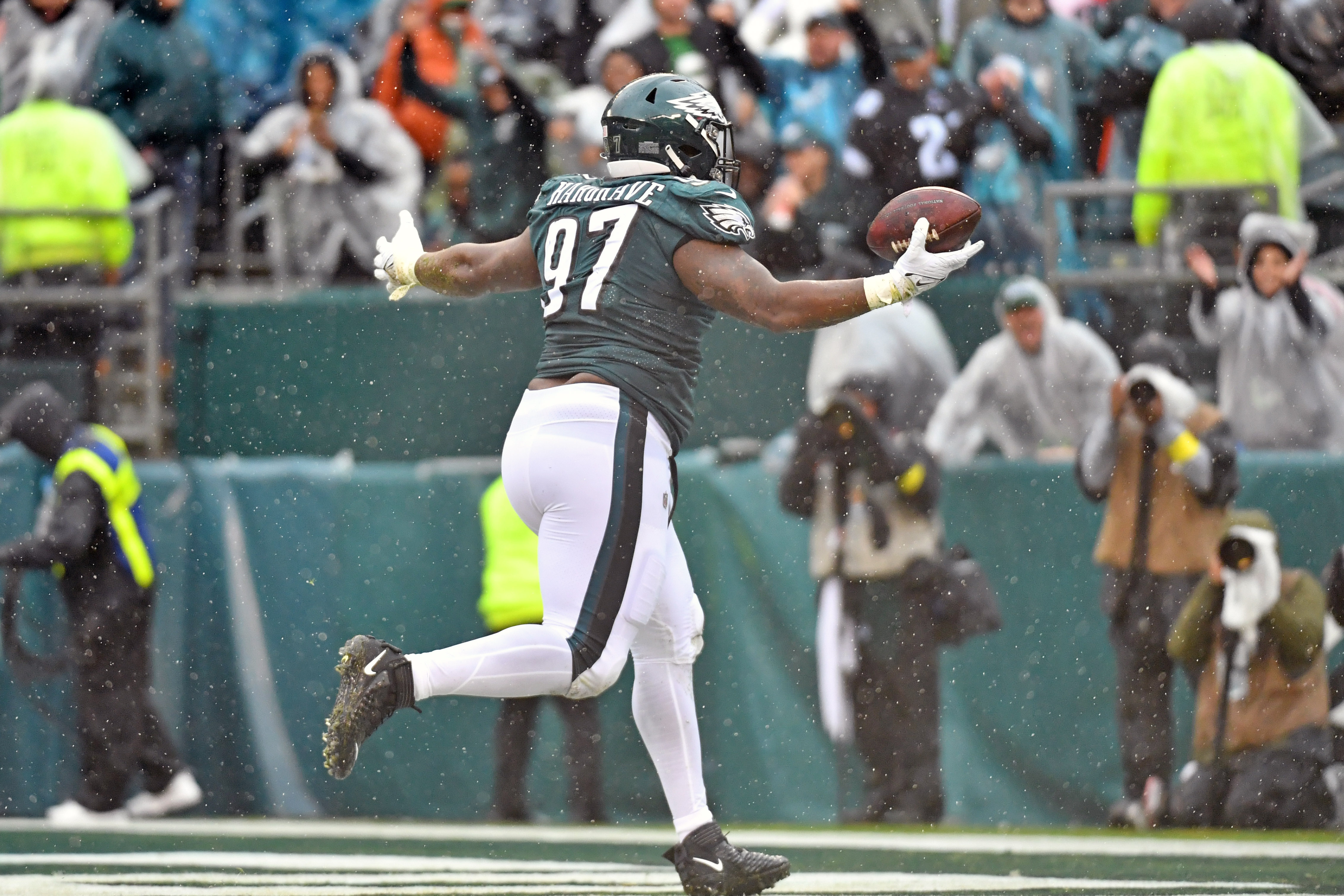 Oct 2, 2022; Philadelphia, Pennsylvania, USA; Philadelphia Eagles defensive tackle Javon Hargrave (97) celebrates his fumble recovery during the fourth quarter against the Jacksonville Jaguars at Lincoln Financial Field. 