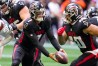 Oct 2, 2022; Atlanta, Georgia, USA; Atlanta Falcons quarterback Marcus Mariota (1) pitches the ball against the Cleveland Browns during the second half at Mercedes-Benz Stadium.