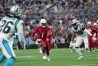 Oct 2, 2022; Charlotte, North Carolina, USA; Arizona Cardinals quarterback Kyler Murray (1) runs as Carolina Panthers cornerback Donte Jackson (26) and linebacker Frankie Luvu (49) defend in the fourth quarter at Bank of America Stadium. 