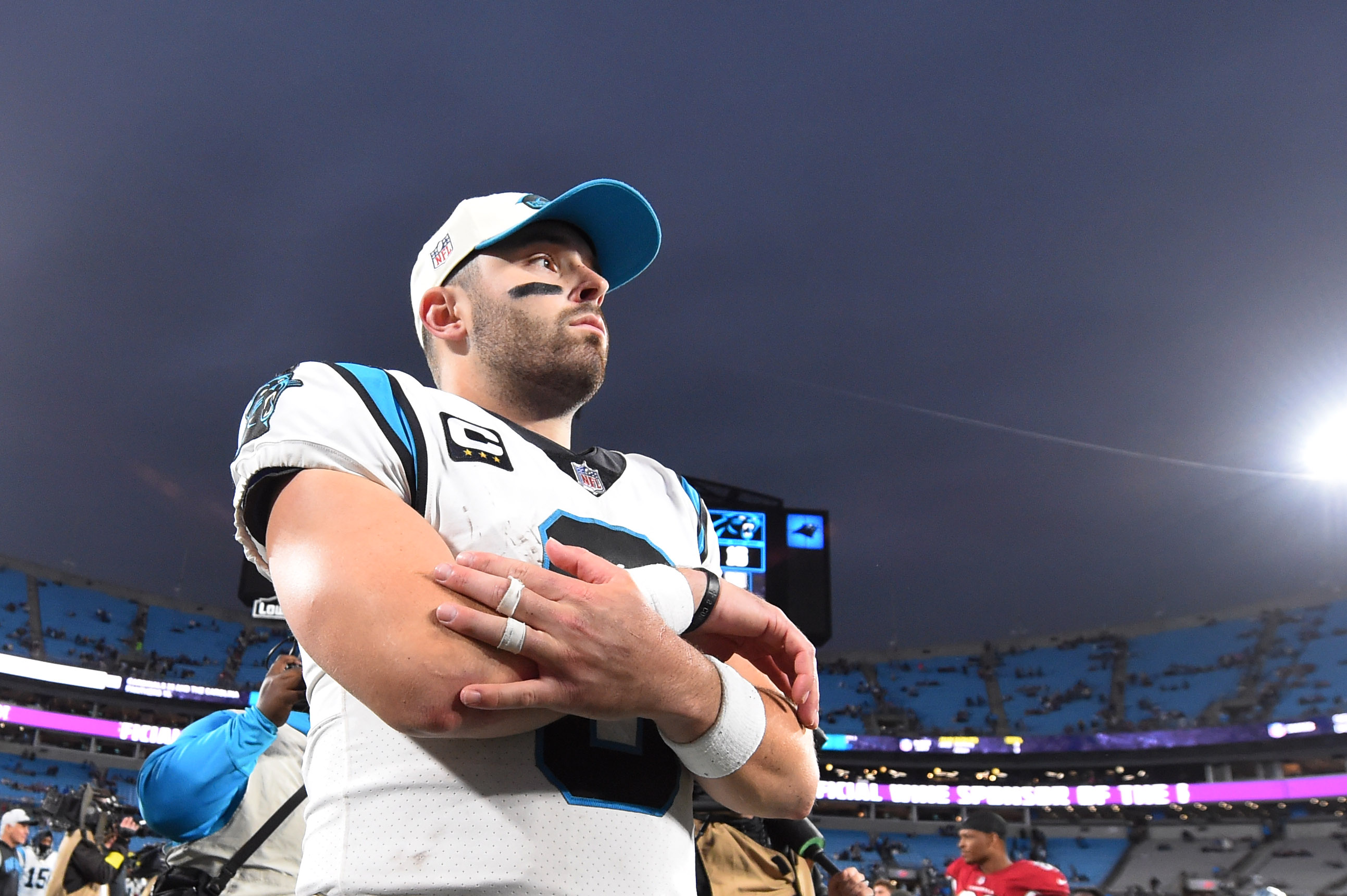 Oct 2, 2022; Charlotte, North Carolina, USA; Carolina Panthers quarterback Baker Mayfield (6) on the field after the game at Bank of America Stadium. 