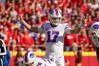 Oct 16, 2022; Kansas City, Missouri, USA; Buffalo Bills quarterback Josh Allen (17) gestures against the Kansas City Chiefs during the first half at GEHA Field at Arrowhead Stadium. 