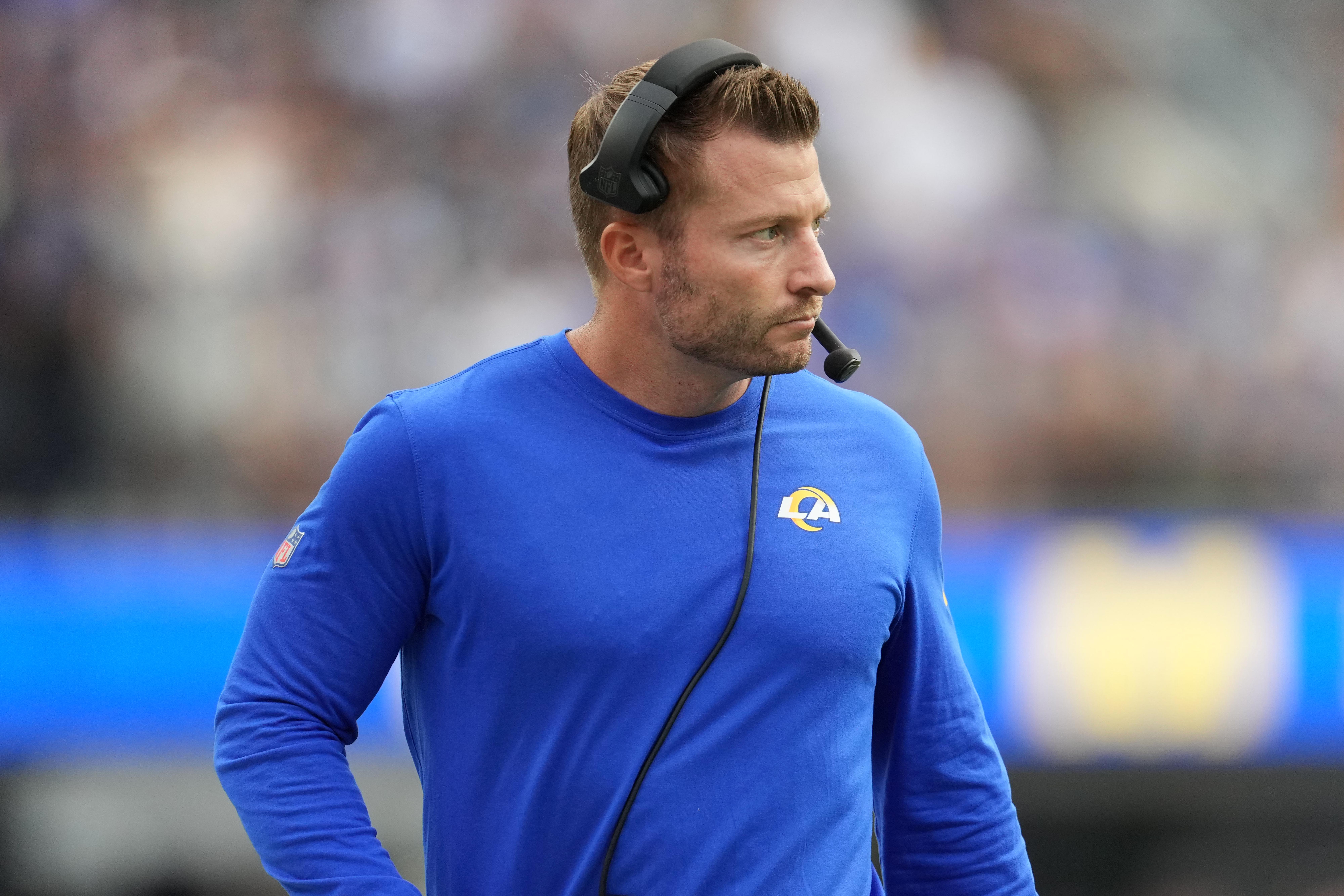 Oct 16, 2022; Inglewood, California, USA; Los Angeles Rams head coach Sean McVay reacts in the second half against the Carolina Panthers at SoFi Stadium. 