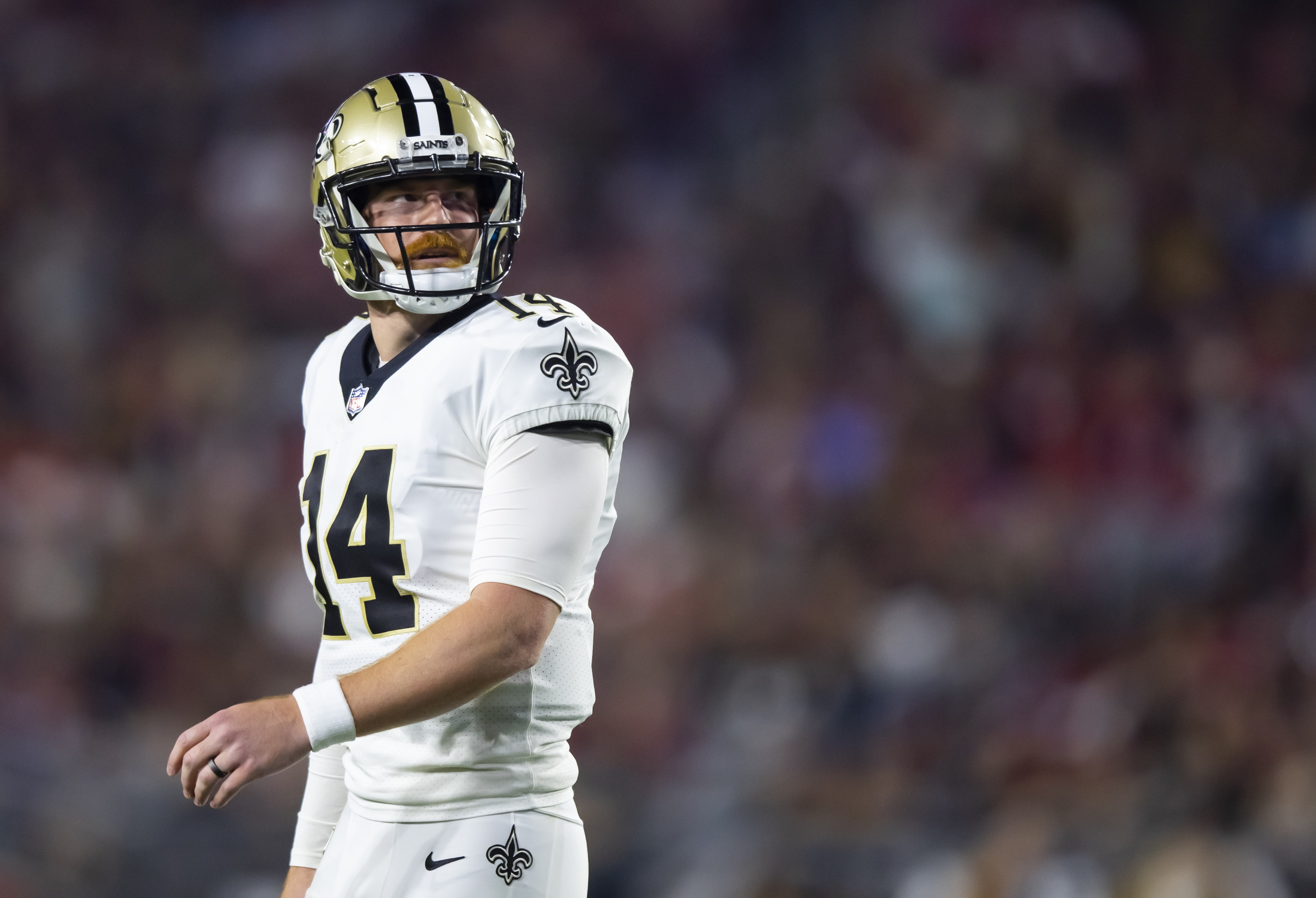 Oct 20, 2022; Glendale, Arizona, USA; New Orleans Saints quarterback Andy Dalton (14) against the Arizona Cardinals at State Farm Stadium. 