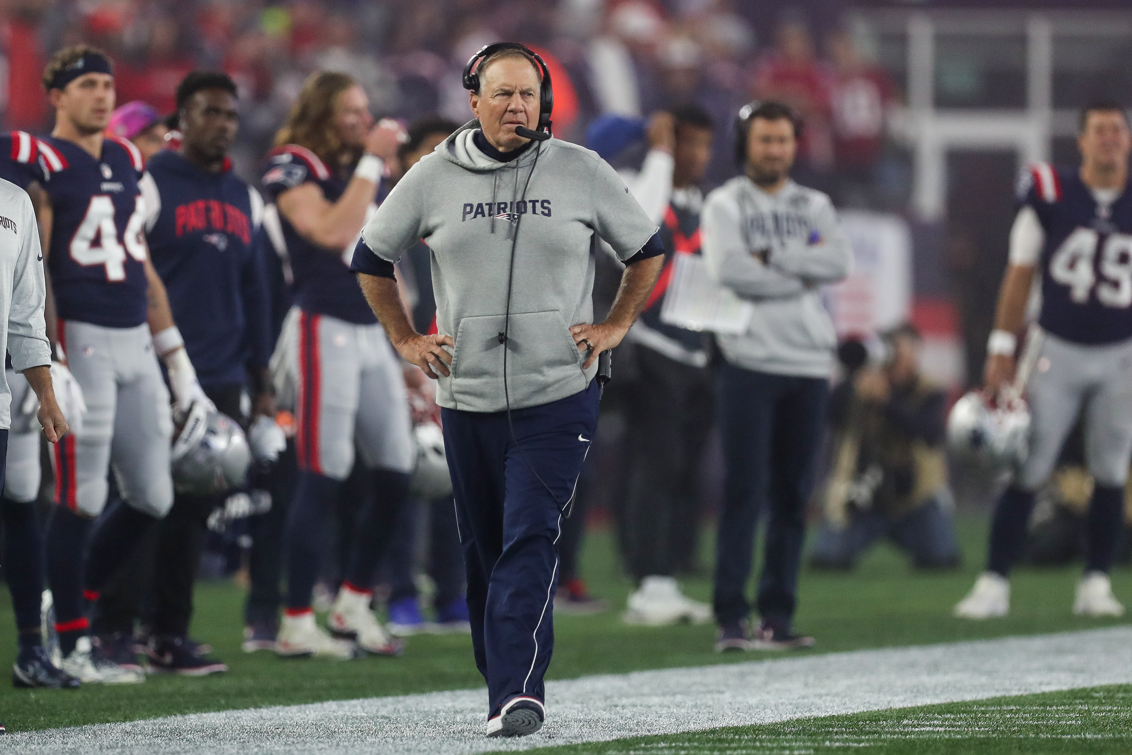 Oct 24, 2022; Foxborough, Massachusetts, USA; New England Patriots head coach Bill Belichick reacts during the first half against the Chicago Bears at Gillette Stadium. 