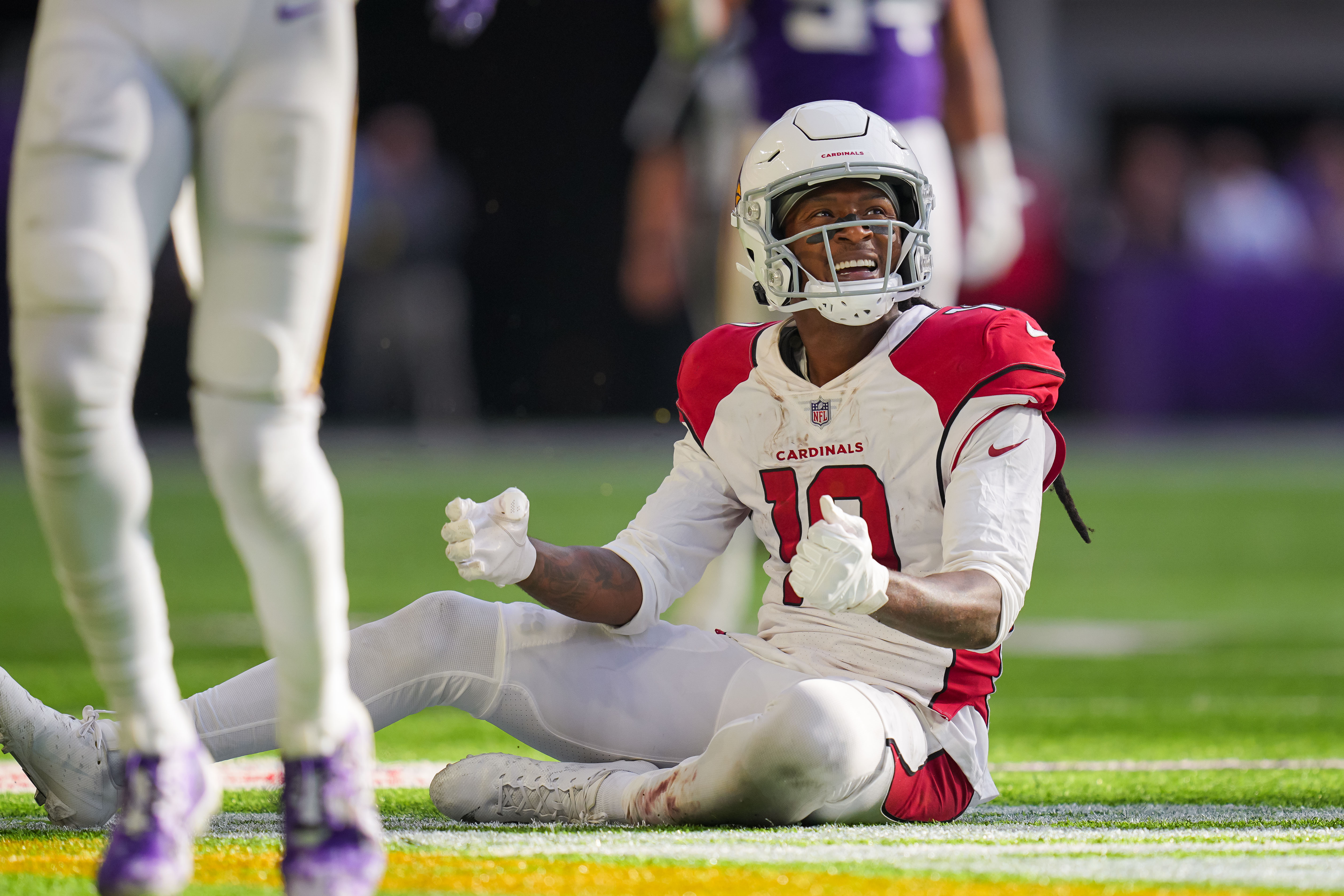 Oct 30, 2022; Minneapolis, Minnesota, USA; Arizona Cardinals wide receiver DeAndre Hopkins (10) reacts to a dropped pass against the Minnesota Vikings in the fourth quarter at U.S. Bank Stadium.