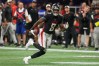 Oct 30, 2022; Atlanta, Georgia, USA; Atlanta Falcons tight end Kyle Pitts (8) runs after a catch against the Carolina Panthers in the second half at Mercedes-Benz Stadium.