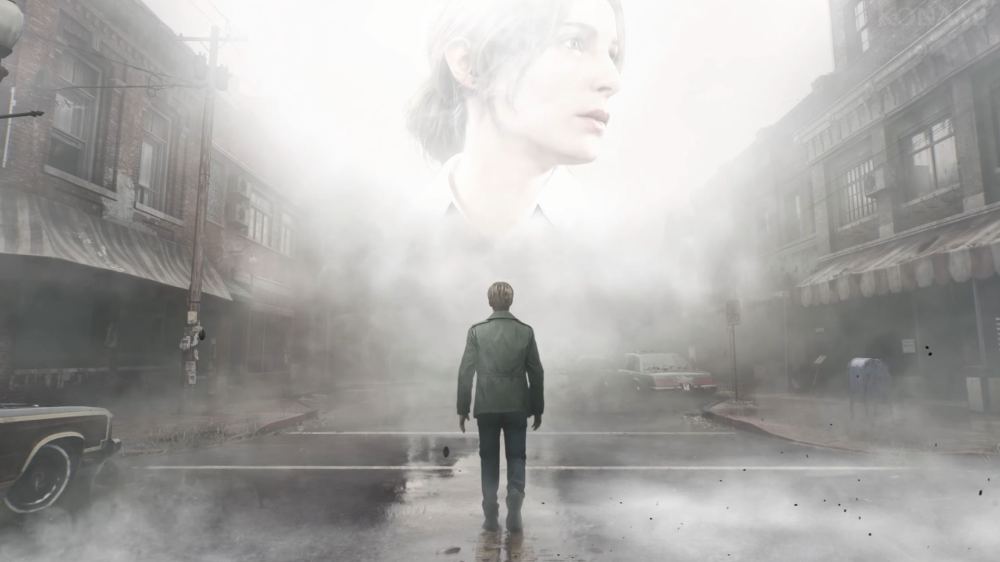Silent Hill 2 and other announcements from the Silent Hill stream: A woman's face appears above a fog bank that covers an abandoned main street