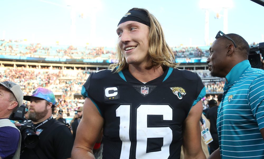 JACKSONVILLE, FLORIDA - NOVEMBER 27: Trevor Lawrence #16 of the Jacksonville Jaguars on the field after a win over the Baltimore Ravens at TIAA Bank Field on November 27, 2022 in Jacksonville, Florida.