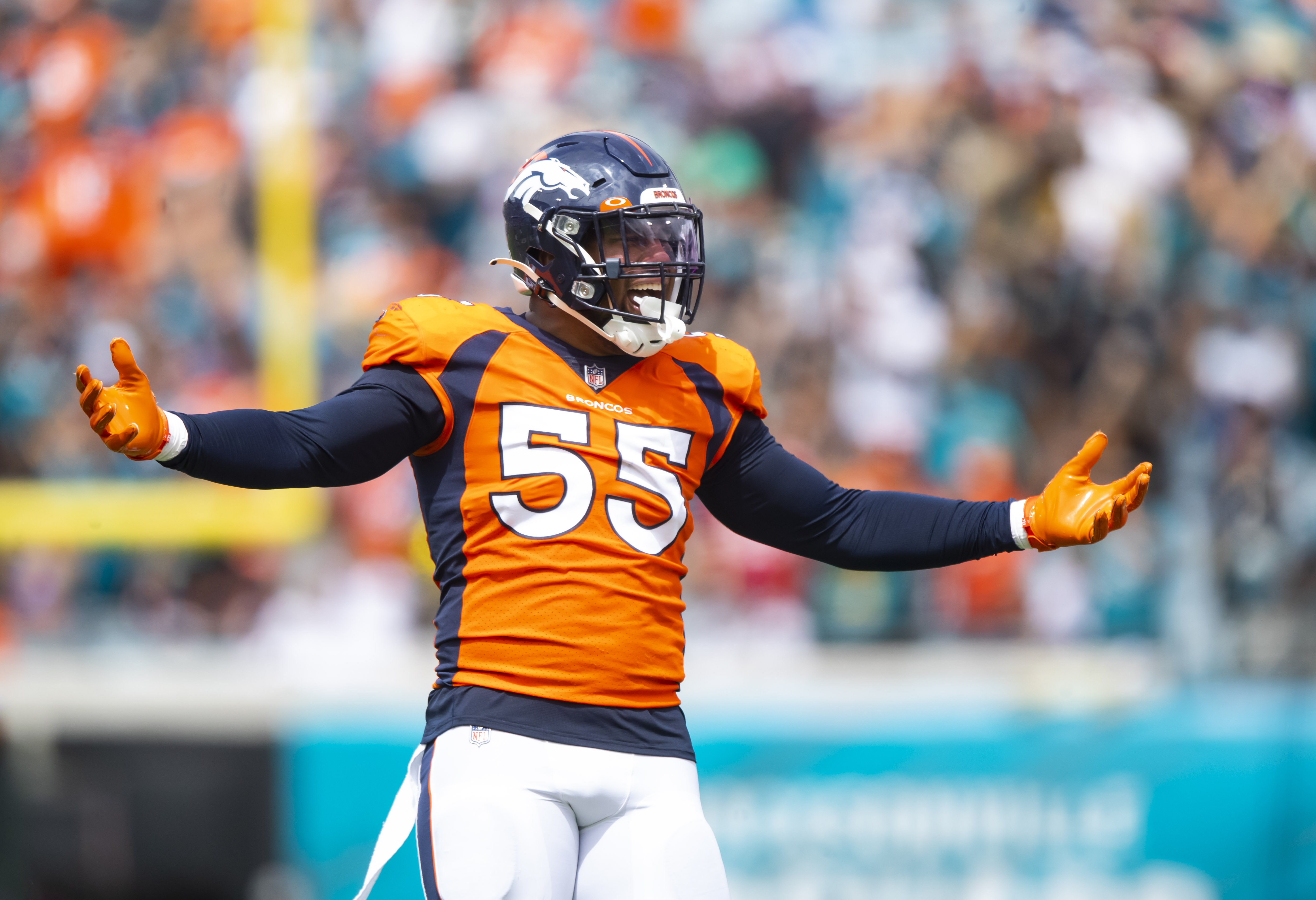 Sep 19, 2021; Jacksonville, Florida, USA; Denver Broncos linebacker Bradley Chubb (55) reacts against the Jacksonville Jaguars at TIAA Bank Field. 
