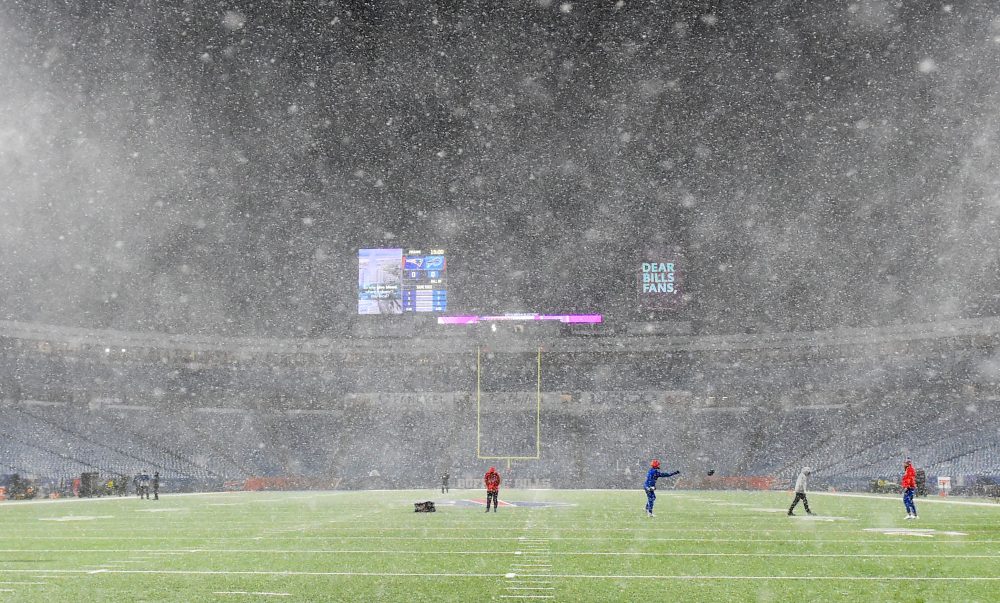 Dec 6, 2021; Orchard Park, New York, USA; Snow falls prior to the game between the New England Patriots and the Buffalo Bills at Highmark Stadium.
