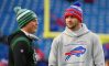 Jan 9, 2022; Orchard Park, New York, USA; New York Jets quarterback Zach Wilson (left) talks with Buffalo Bills quarterback Josh Allen (right) prior to the game at Highmark Stadium.