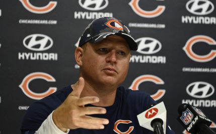 Jul 28, 2022; Lake Forest, IL, USA; Chicago Bears offensive coordinator Luke Getsy talks with the media during training camp at PNC Center at Halas Hall.