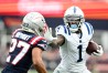 Nov 6, 2022; Foxborough, Massachusetts, USA; Indianapolis Colts wide receiver Parris Campbell (1) runs with the ball against New England Patriots cornerback Myles Bryant (27) during the first half at Gillette Stadium. 