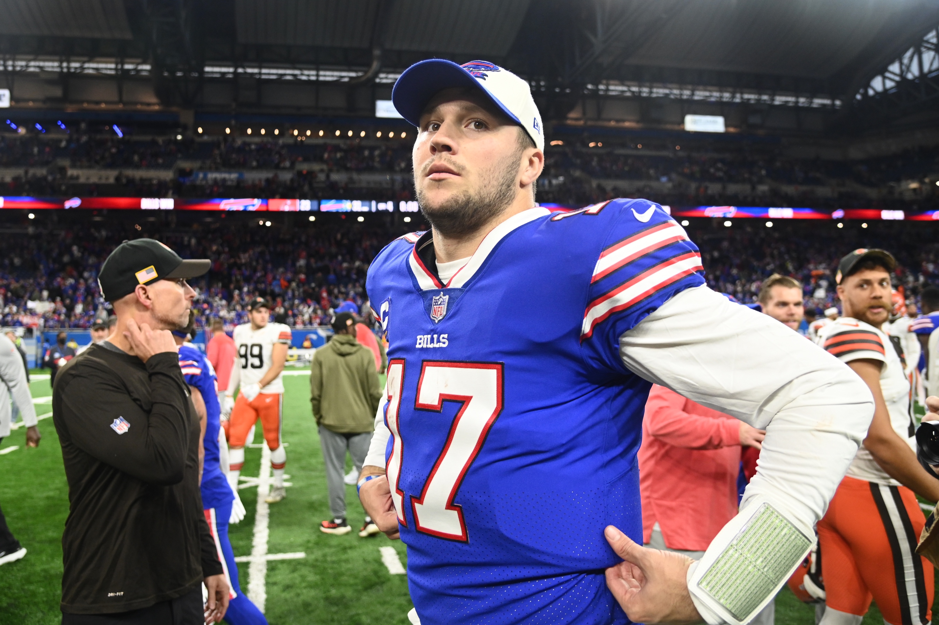 Nov 20, 2022; Detroit, Michigan, USA; Buffalo Bills quarterback Josh Allen (17) after the game against the Cleveland Browns at Ford Field. 