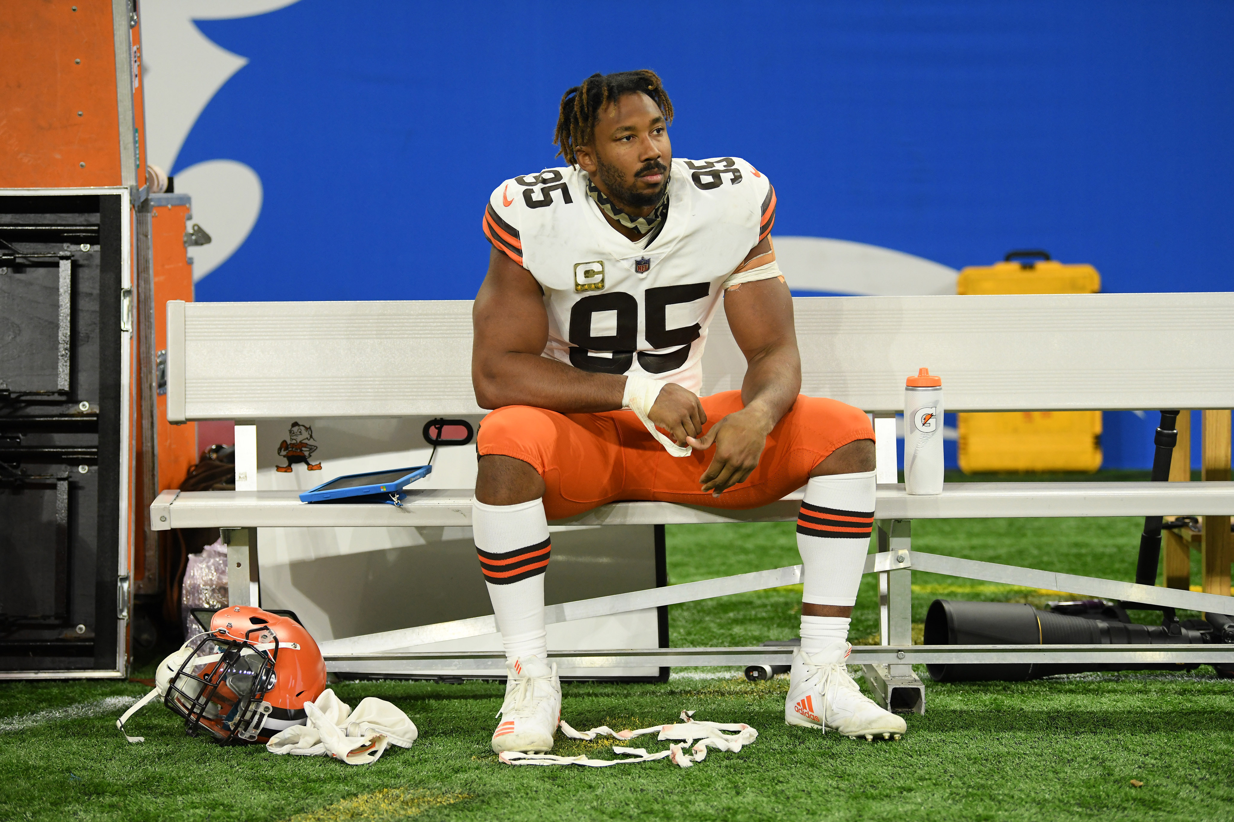 Nov 20, 2022; Detroit, Michigan, USA; Cleveland Browns defensive end Myles Garrett (95) sits by himself on the bench after the Browns lost to the Buffalo Bills at Ford Field.