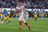 Nov 20, 2022; Inglewood, California, USA; Kansas City Chiefs tight end Travis Kelce (87) celebrates after scoring on a 17-yard touchdown reception with 31 seconds left against the Los Angeles Chargers SoFi Stadium. 