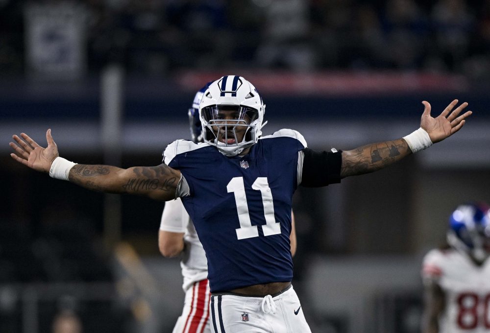 Nov 24, 2022; Arlington, Texas, USA; Dallas Cowboys linebacker Micah Parsons (11) celebrates after he sacks New York Giants quarterback Daniel Jones (8) during the second half of the game between the Cowboys and the Giants at AT&T Stadium.