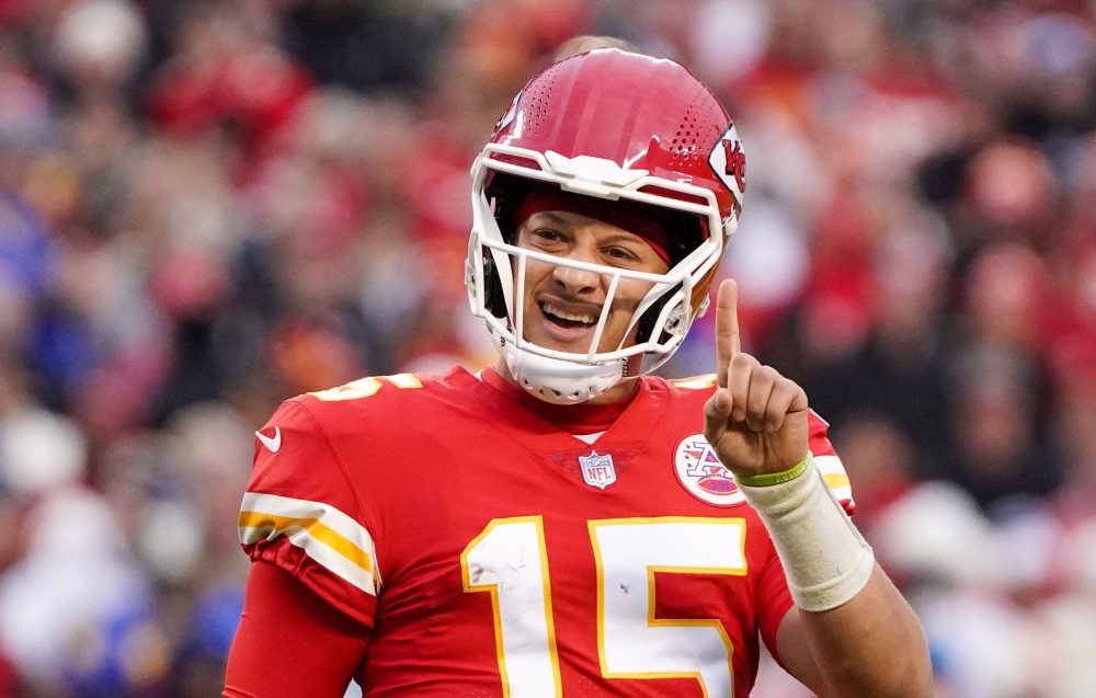 Patrick Mahomes gestures with an index finger during a 2022 NFL game with the Kansas City Chiefs