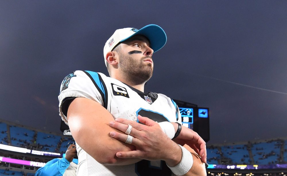 Carolina Panthers quarterback Baker Mayfield (6) on the field after the game at Bank of America Stadium.