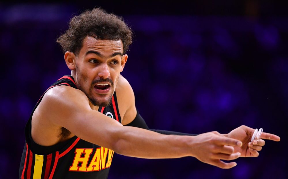 Nov 12, 2022; Philadelphia, Pennsylvania, USA; Atlanta Hawks guard Trae Young (11) reacts against the Philadelphia 76ers in the third quarter at Wells Fargo Center