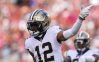 Nov 27, 2022; Santa Clara, California, USA; New Orleans Saints wide receiver Chris Olave (12) gestures after making a play against the San Francisco 49ers in the second quarter at Levi's Stadium. 