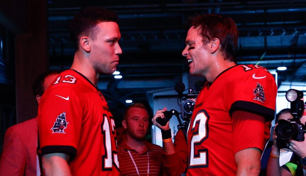 Dec 5, 2022; Tampa, Florida, USA; Tampa Bay Buccaneers quarterback Tom Brady (12) and AL MVP MLB baseball player Aaron Judge (left) talk prior to the game against the New Orleans Saints at Raymond James Stadium.