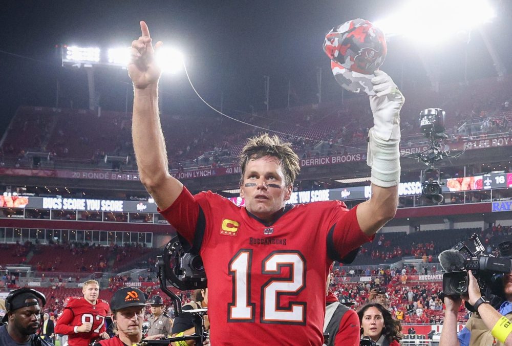 Dec 5, 2022; Tampa, Florida, USA; Tampa Bay Buccaneers quarterback Tom Brady (12) celebrates after beating the New Orleans Saints at Raymond James Stadium.