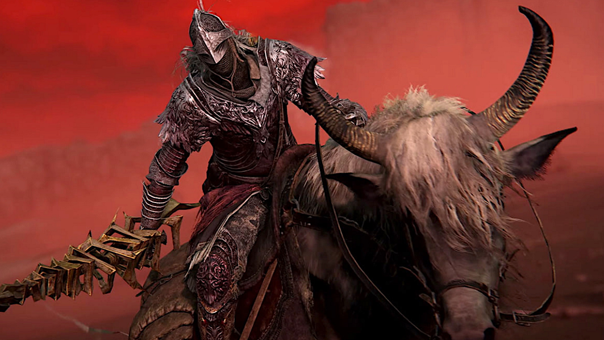 You need to see this incredible Pokemon and Elden Ring mod: A man wearing silver plate armor and a silver helmet holds a large sword to his right side. He sits astride a horned grey horse