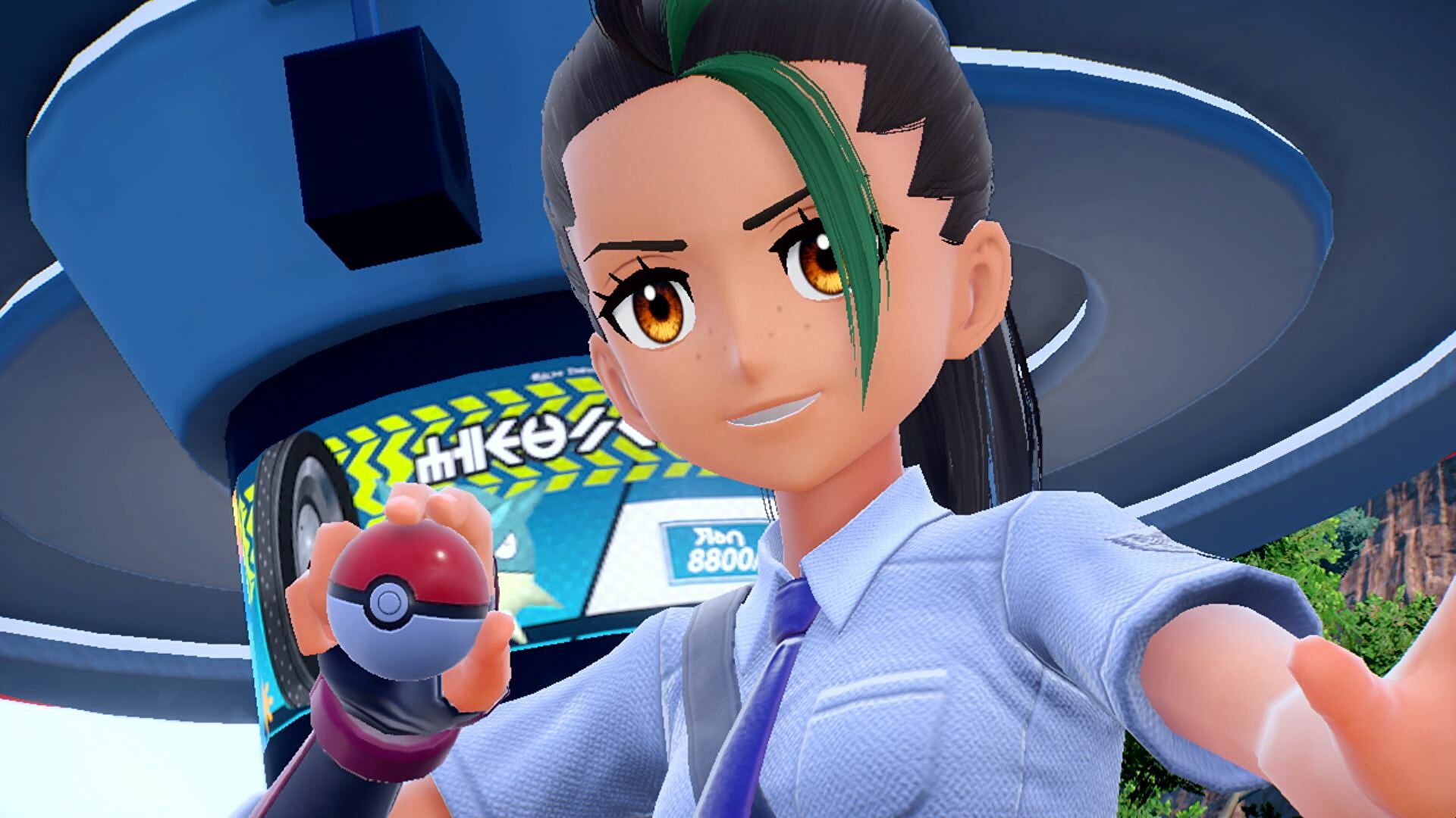Pokemon Scarlet and Violet patch addresses some of the RPGs' bugs: An anime girl in a white shirt with green highlights in her hair holds a red and white ball. She is grinning with excitement